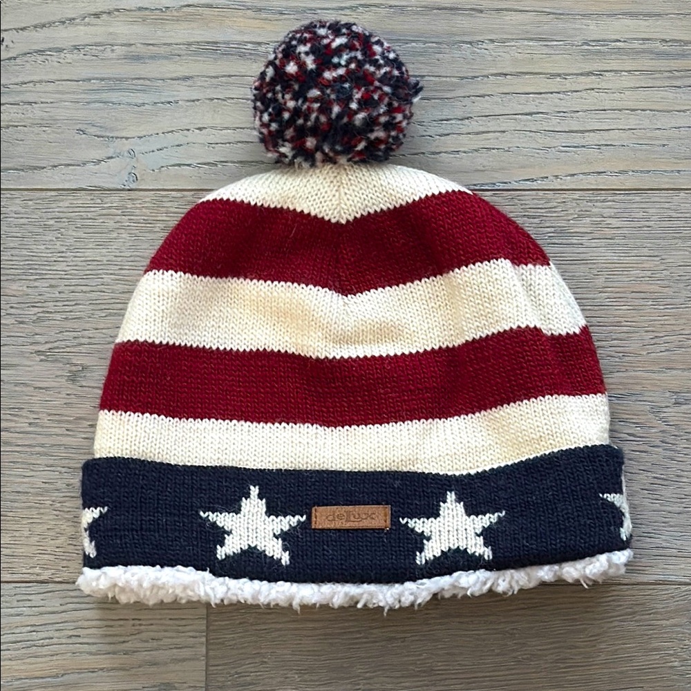 deLux Patriotic Handmade Wool Knit Beanie Full Sherpa Lining with R/W/B Pom Pom